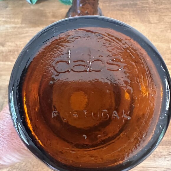 Vintage MCM Amber Glass Genie Bottles Pair Portugal Embossed Floral Decanter Vas - Picture 5 of 7